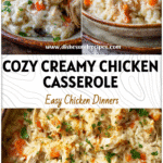 A creamy baked chicken and rice casserole with carrots served in a rustic dish, perfect lunch idea for the family.